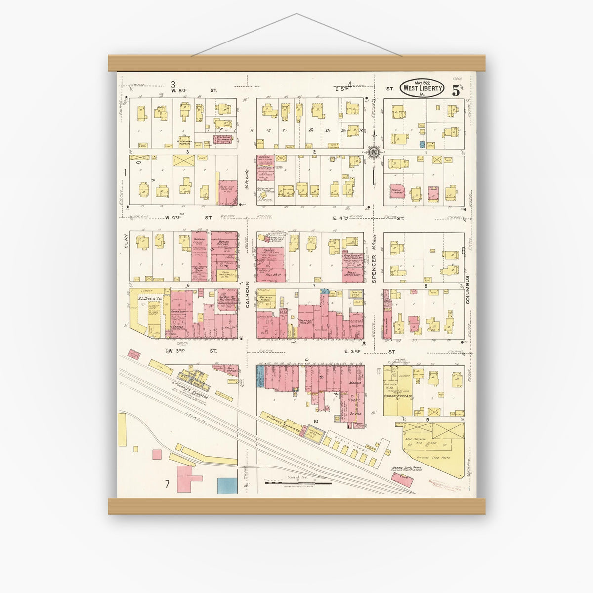 Old map wall art mockup — magnetic wood frame on white wall — Sanborn Fire Insurance Map from West Liberty, Muscatine County, Iowa (1922), Sheet #0005
