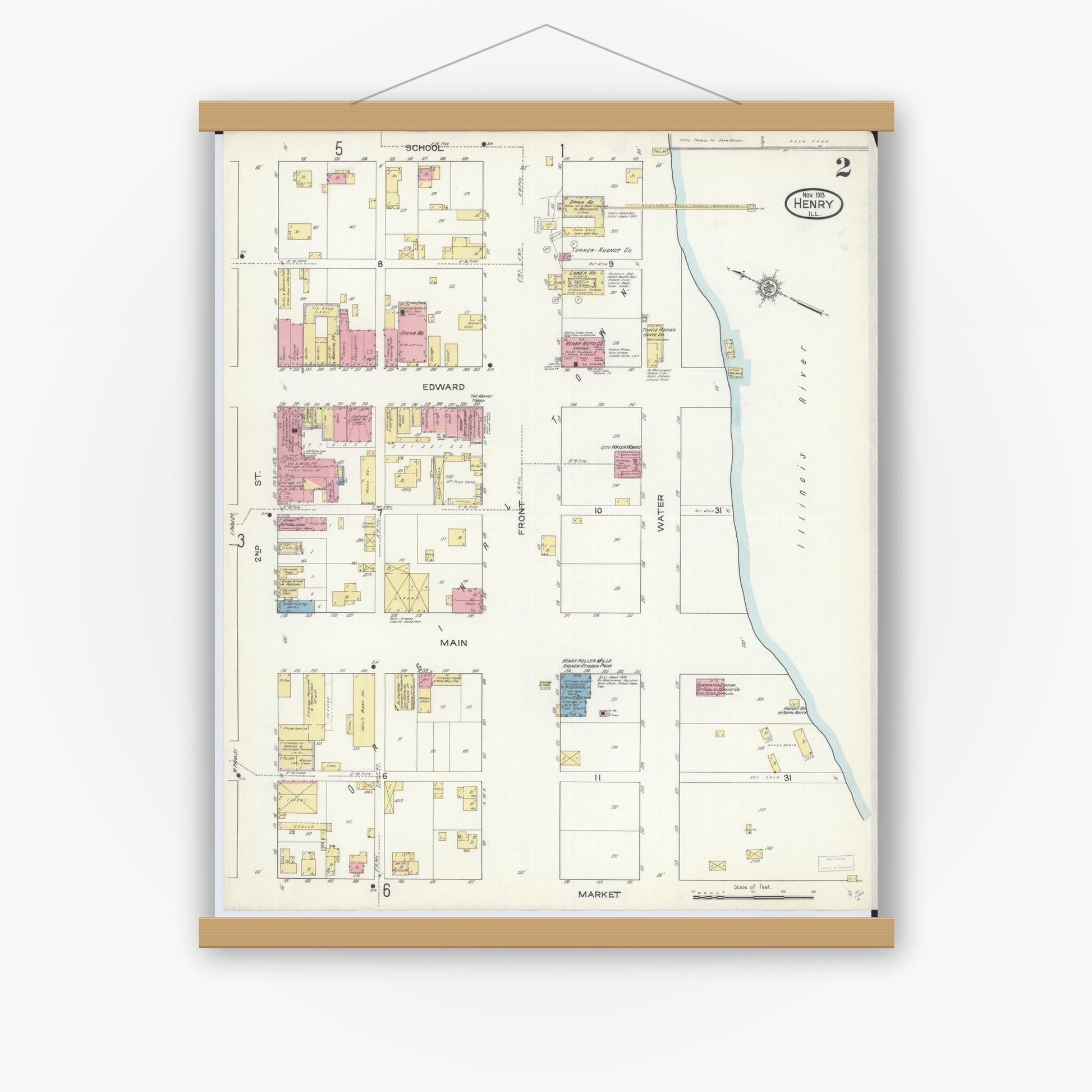 Old map wall art mockup — magnetic wood frame on white wall — Sanborn Fire Insurance Map from Henry, Marshall County, Illinois (1913), Sheet #0002