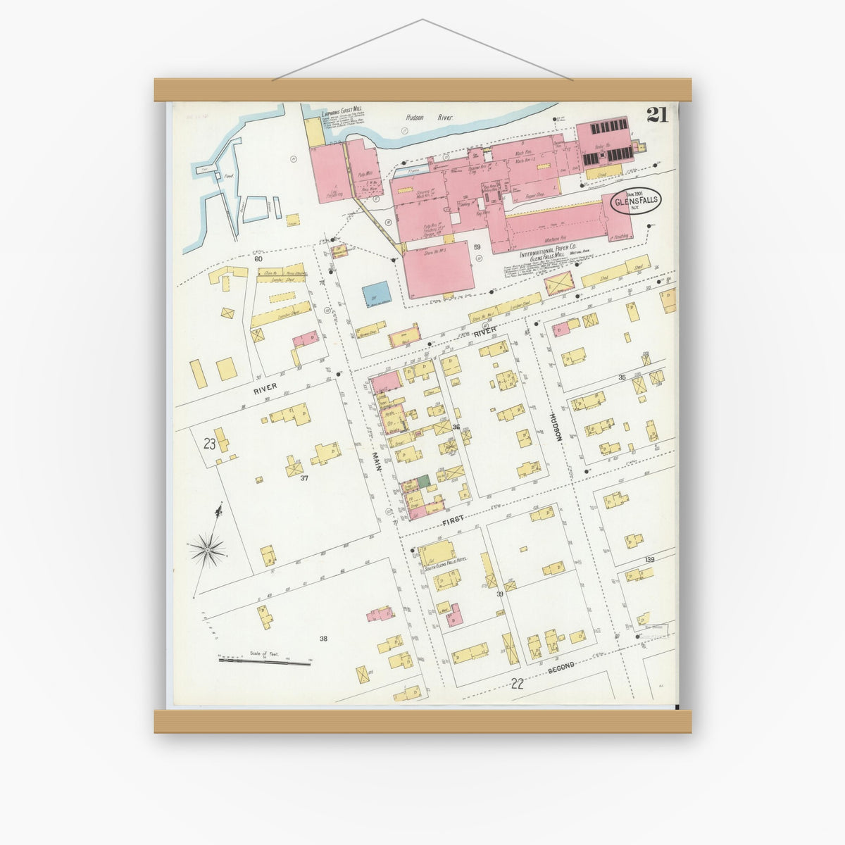 Old map wall art mockup — magnetic wood frame on white wall — Sanborn Fire Insurance Map from Glens Falls, Warren County, New York (1901), Sheet #0021