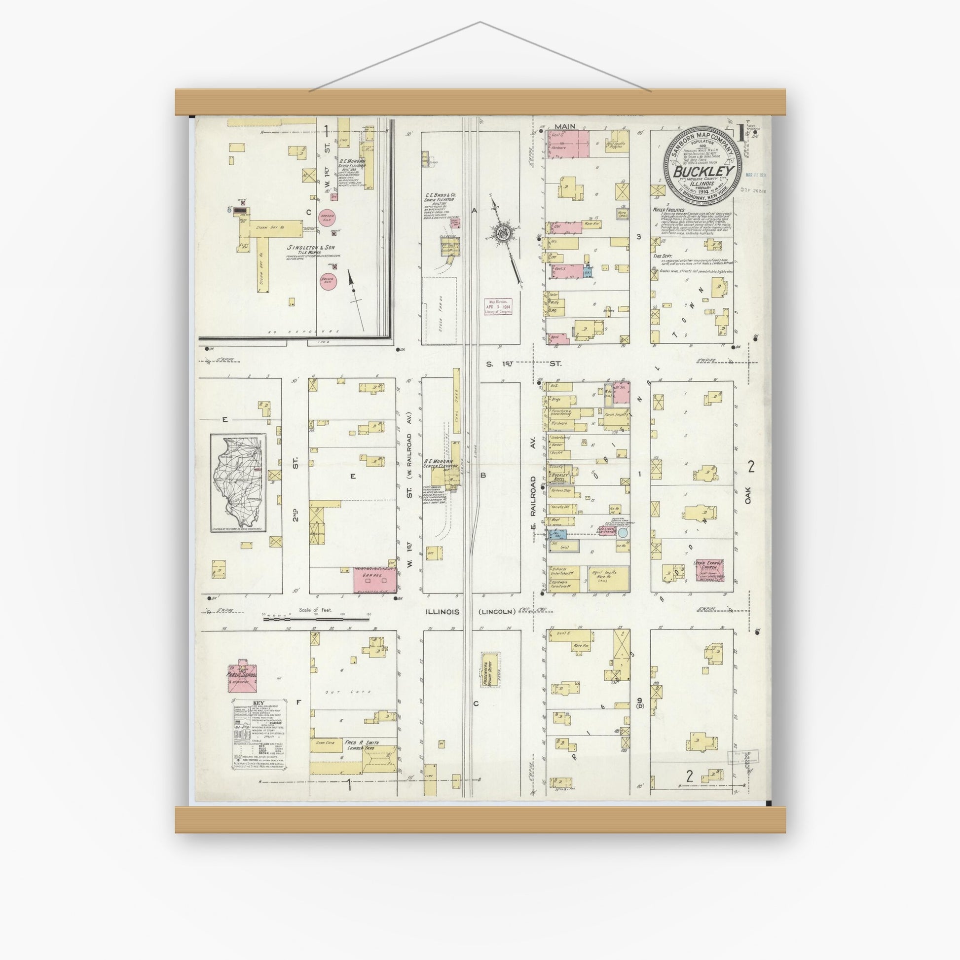 Old map wall art mockup — magnetic wood frame on white wall — Sanborn Fire Insurance Map from Buckley, Iroquois County, Illinois (1914) - Complete Map Set