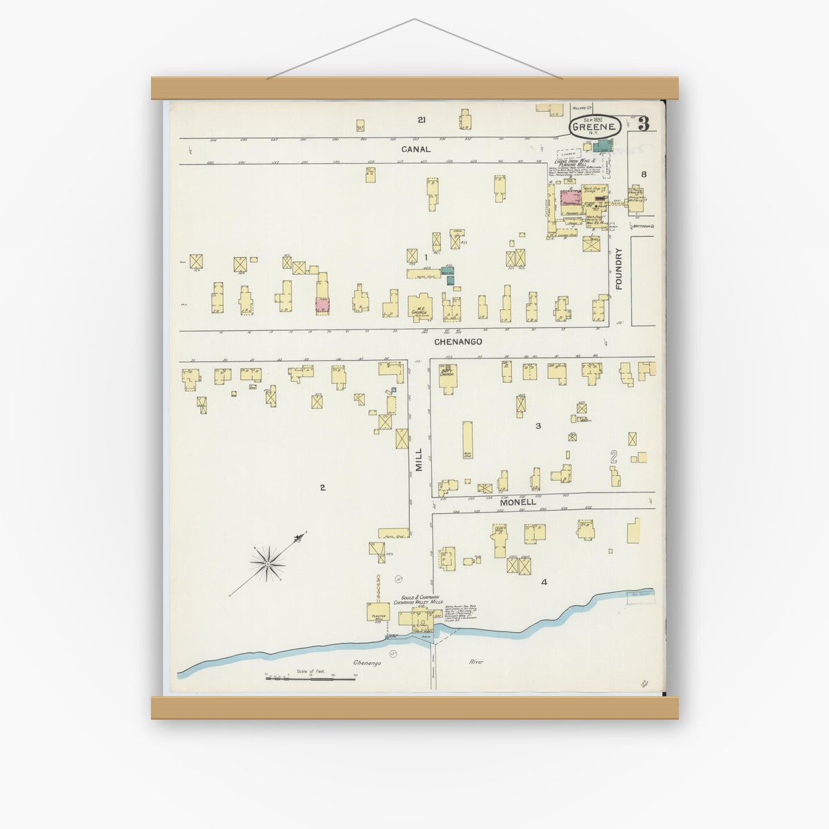 Old map wall art mockup — magnetic wood frame on white wall — Sanborn Fire Insurance Map from Greene, Chenango County, New York (1892), Sheet #0003