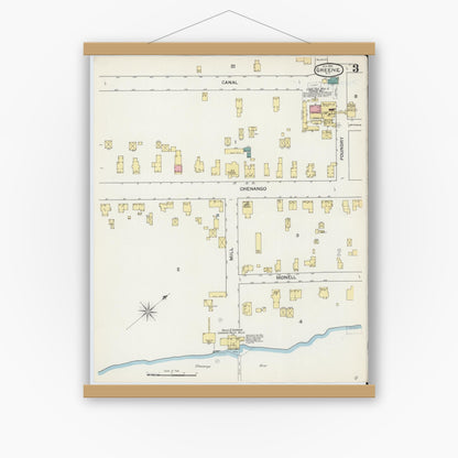 Old map wall art mockup — magnetic wood frame on white wall — Sanborn Fire Insurance Map from Greene, Chenango County, New York (1892), Sheet #0003