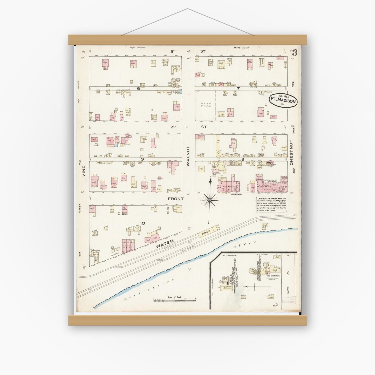 Old map wall art mockup — magnetic wood frame on white wall — Sanborn Fire Insurance Map from Fort Madison, Lee County, Iowa (1884), Sheet #0003