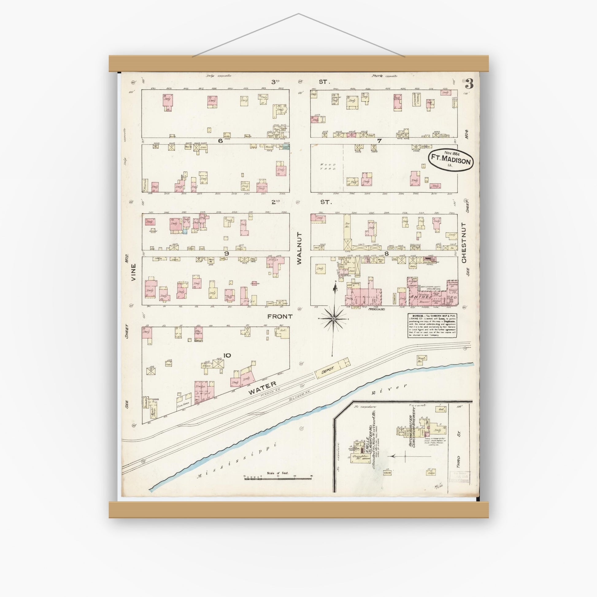 Old map wall art mockup — magnetic wood frame on white wall — Sanborn Fire Insurance Map from Fort Madison, Lee County, Iowa (1884), Sheet #0003