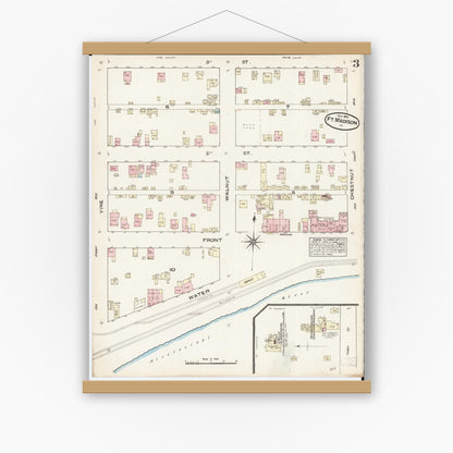 Old map wall art mockup — magnetic wood frame on white wall — Sanborn Fire Insurance Map from Fort Madison, Lee County, Iowa (1884), Sheet #0003