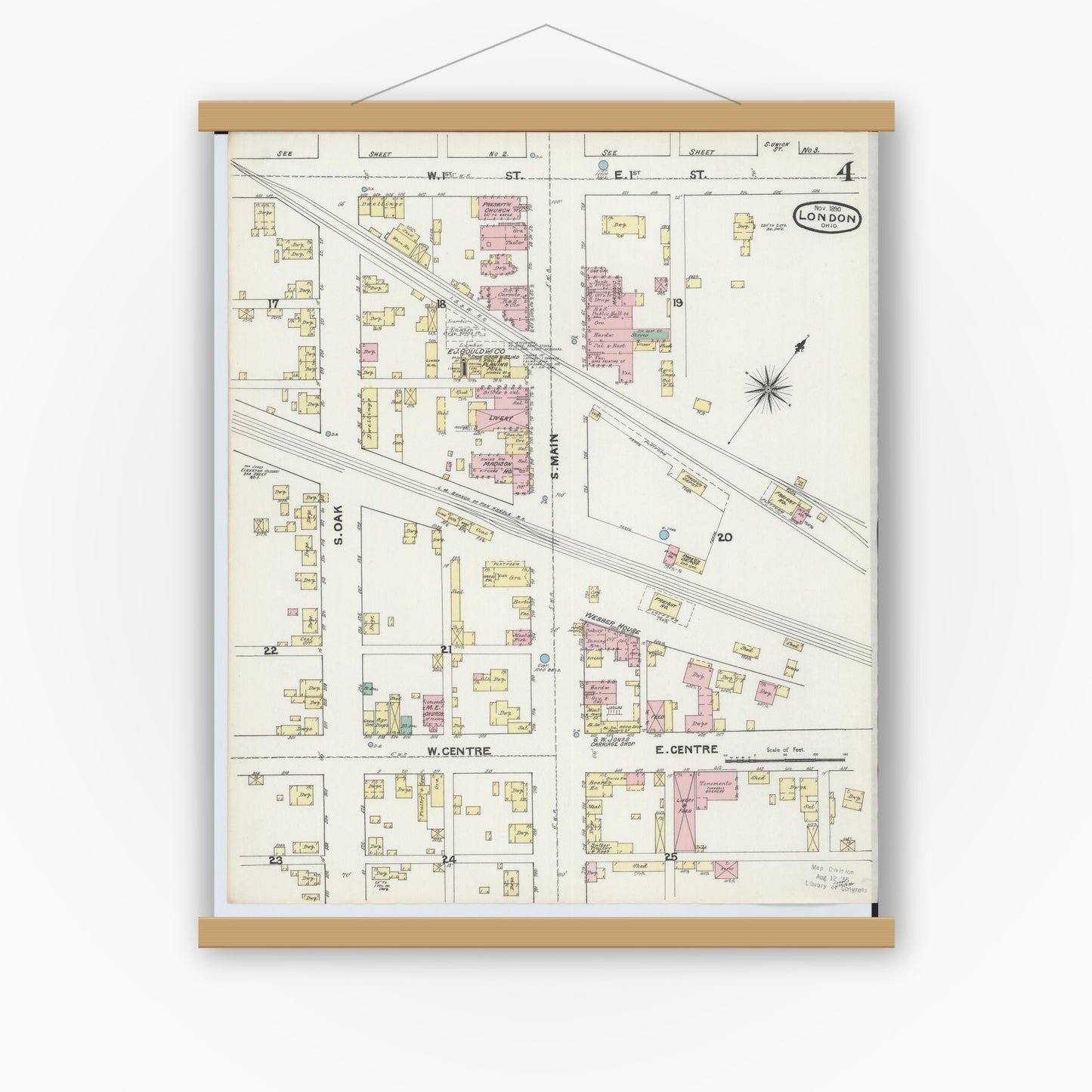 Old map wall art mockup — magnetic wood frame on white wall — Sanborn Fire Insurance Map from London, Madison County, Ohio (1890), Sheet #0004