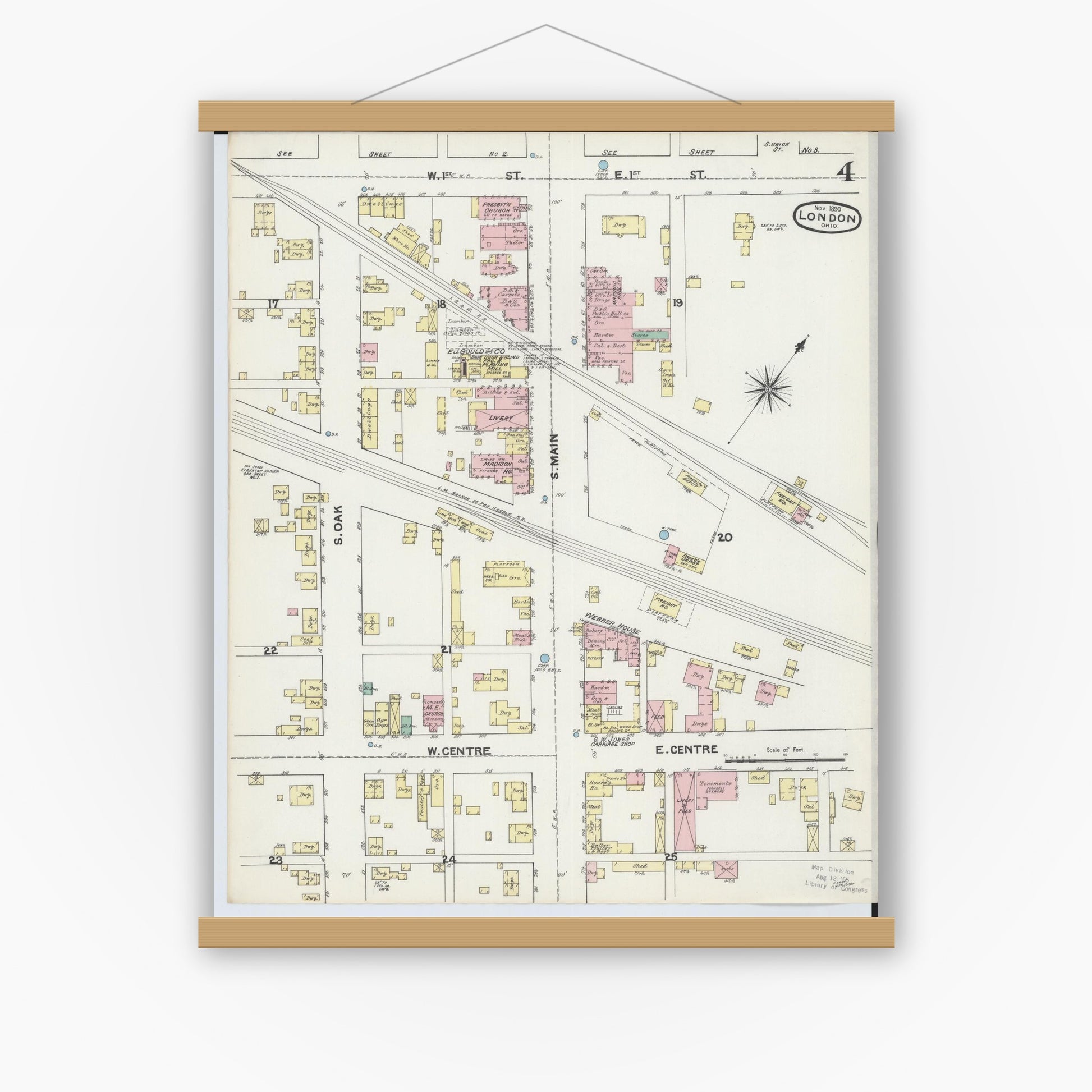 Old map wall art mockup — magnetic wood frame on white wall — Sanborn Fire Insurance Map from London, Madison County, Ohio (1890), Sheet #0004