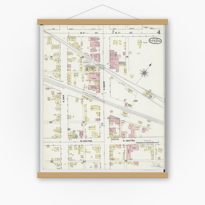 Old map wall art mockup — magnetic wood frame on white wall — Sanborn Fire Insurance Map from London, Madison County, Ohio (1890), Sheet #0004