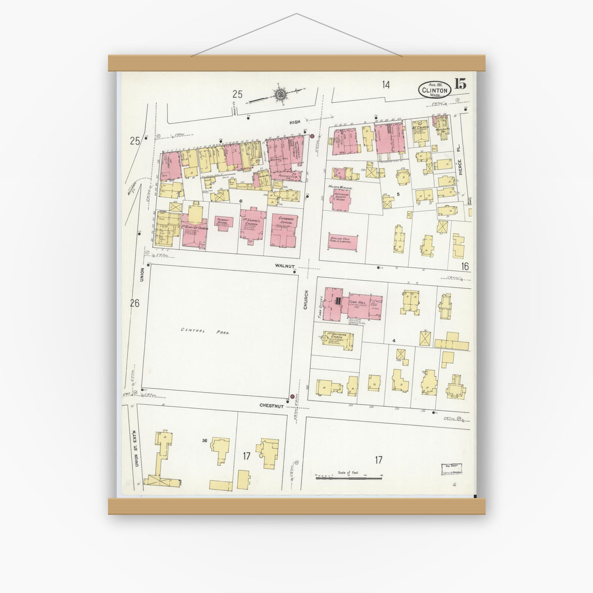 Old map wall art mockup — magnetic wood frame on white wall — Sanborn Fire Insurance Map from Clinton, Worcester County, Massachusetts (1911), Sheet #0015