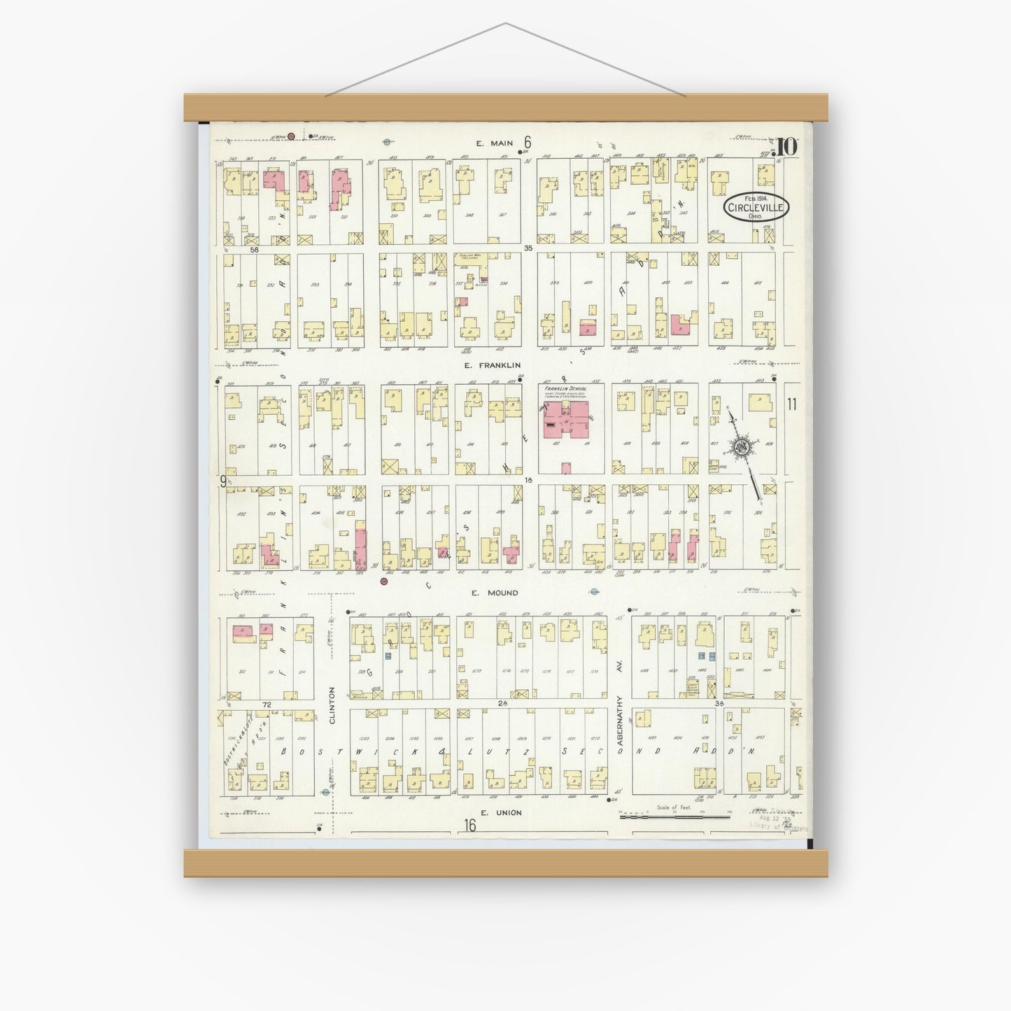 Old map wall art mockup — magnetic wood frame on white wall — Sanborn Fire Insurance Map from Circleville, Pickaway County, Ohio (1914), Sheet #0010
