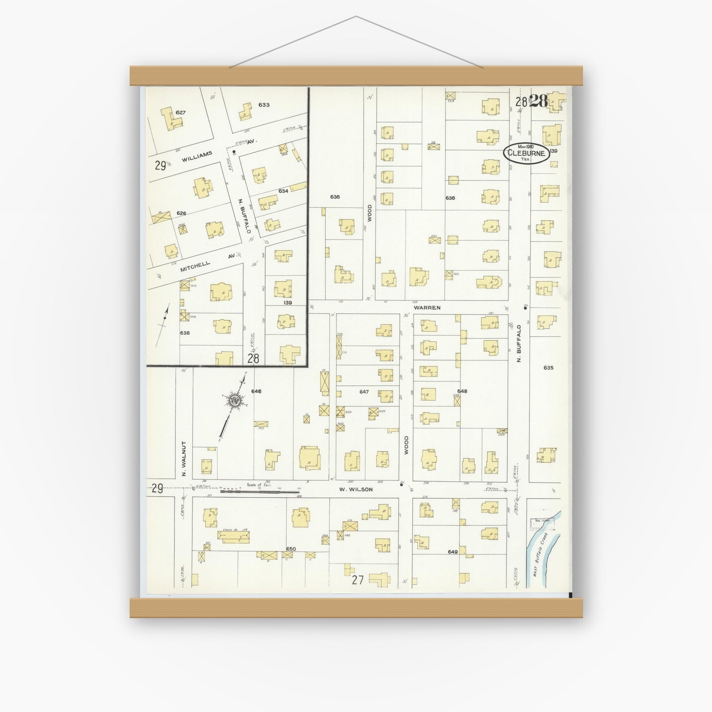 Old map wall art mockup — magnetic wood frame on white wall — Sanborn Fire Insurance Map from Cleburne, Johnson County, Texas (1910), Sheet #0028