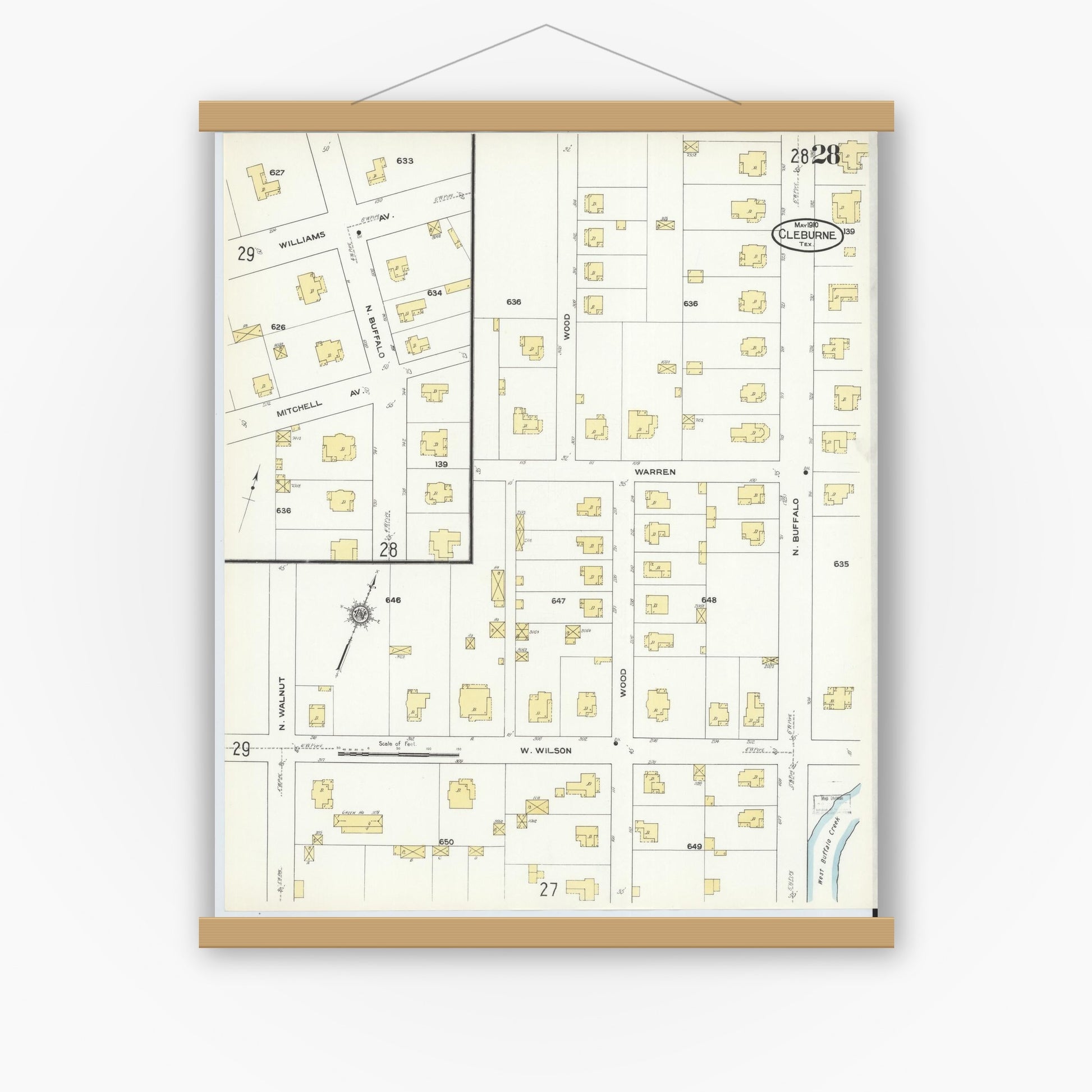 Old map wall art mockup — magnetic wood frame on white wall — Sanborn Fire Insurance Map from Cleburne, Johnson County, Texas (1910), Sheet #0028