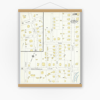 Old map wall art mockup — magnetic wood frame on white wall — Sanborn Fire Insurance Map from Cleburne, Johnson County, Texas (1910), Sheet #0028