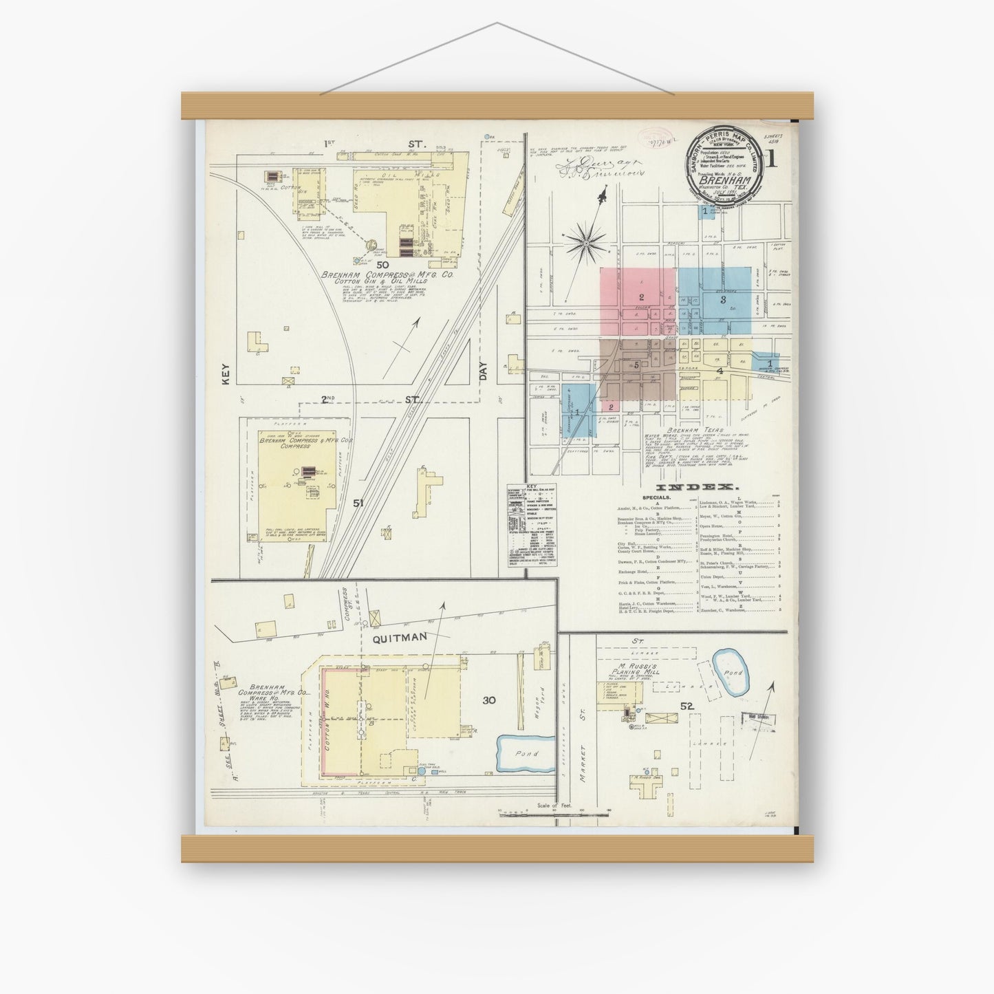 Old map wall art mockup — magnetic wood frame on white wall — Sanborn Fire Insurance Map from Brenham, Washington County, Texas (1891), Sheet #0001