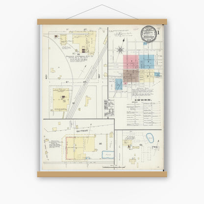 Old map wall art mockup — magnetic wood frame on white wall — Sanborn Fire Insurance Map from Brenham, Washington County, Texas (1891), Sheet #0001