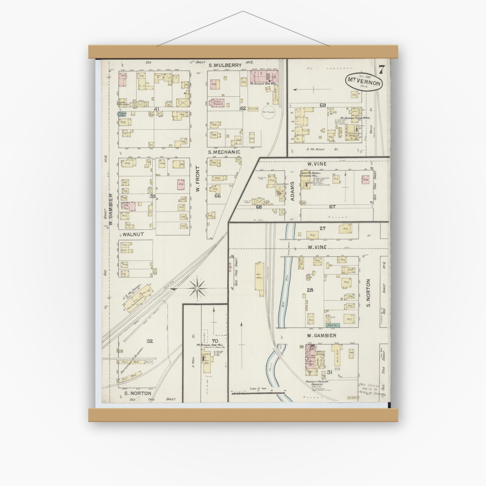 Old map wall art mockup — magnetic wood frame on white wall — Sanborn Fire Insurance Map from Mount Vernon, Knox County, Ohio (1887), Sheet #0007