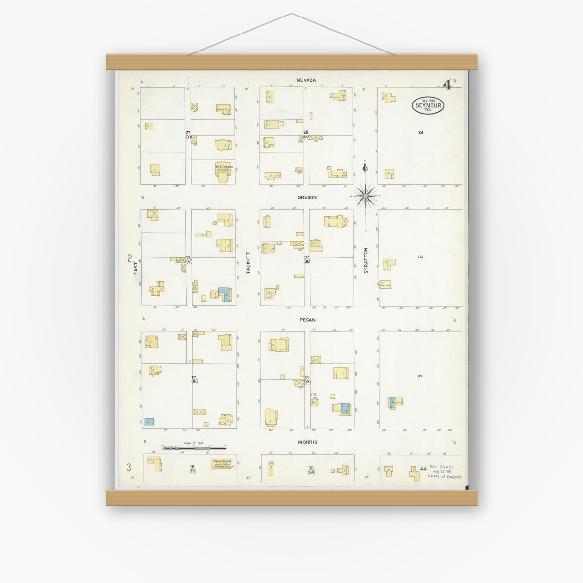 Old map wall art mockup — magnetic wood frame on white wall — Sanborn Fire Insurance Map from Seymour, Baylor County, Texas (1908), Sheet #0004