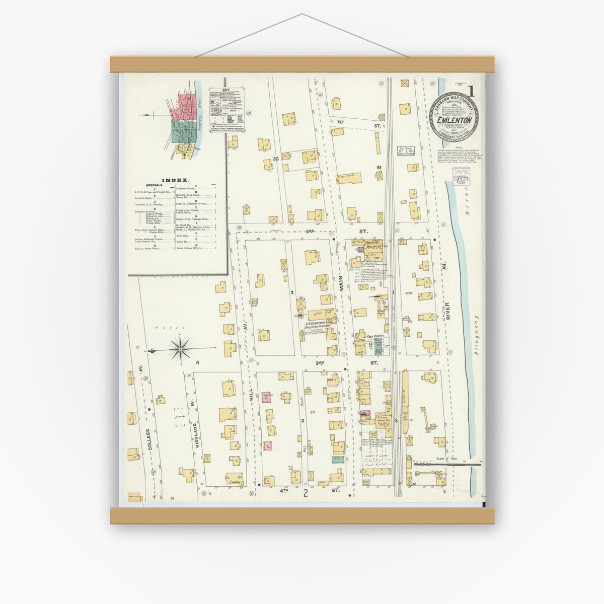Old map wall art mockup — magnetic wood frame on white wall — Sanborn Fire Insurance Map from Emlenton, Venango County, Pennsylvania (1904) - Complete Map Set