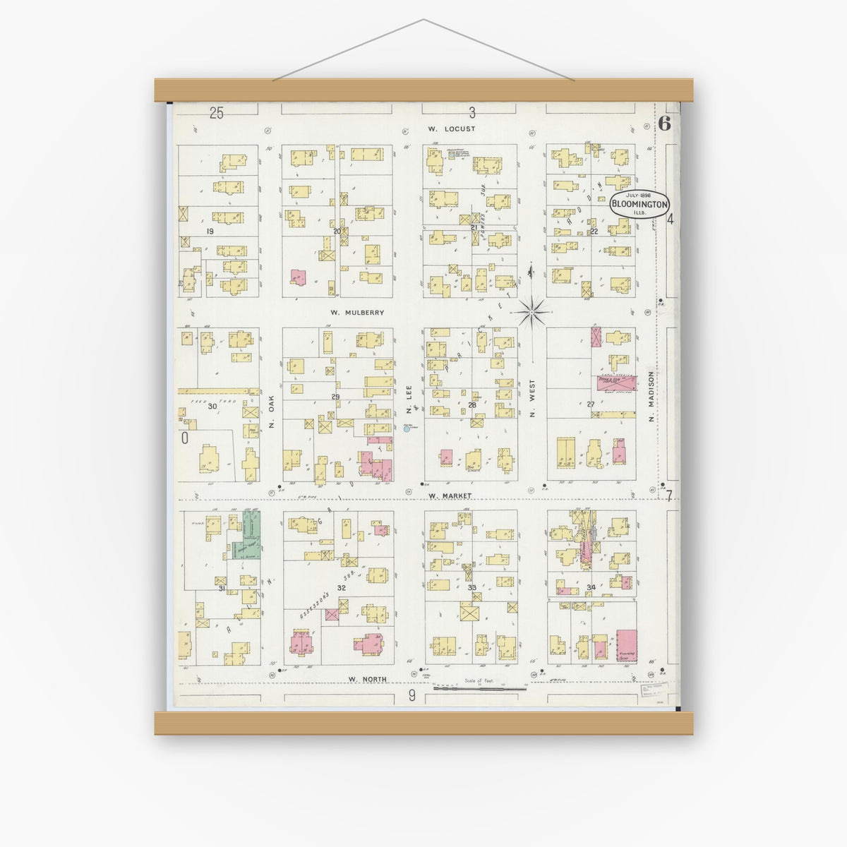 Old map wall art mockup — magnetic wood frame on white wall — Sanborn Fire Insurance Map from Bloomington, McLean County, Illinois (1896), Sheet #0006
