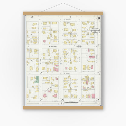 Old map wall art mockup — magnetic wood frame on white wall — Sanborn Fire Insurance Map from Bloomington, McLean County, Illinois (1896), Sheet #0006