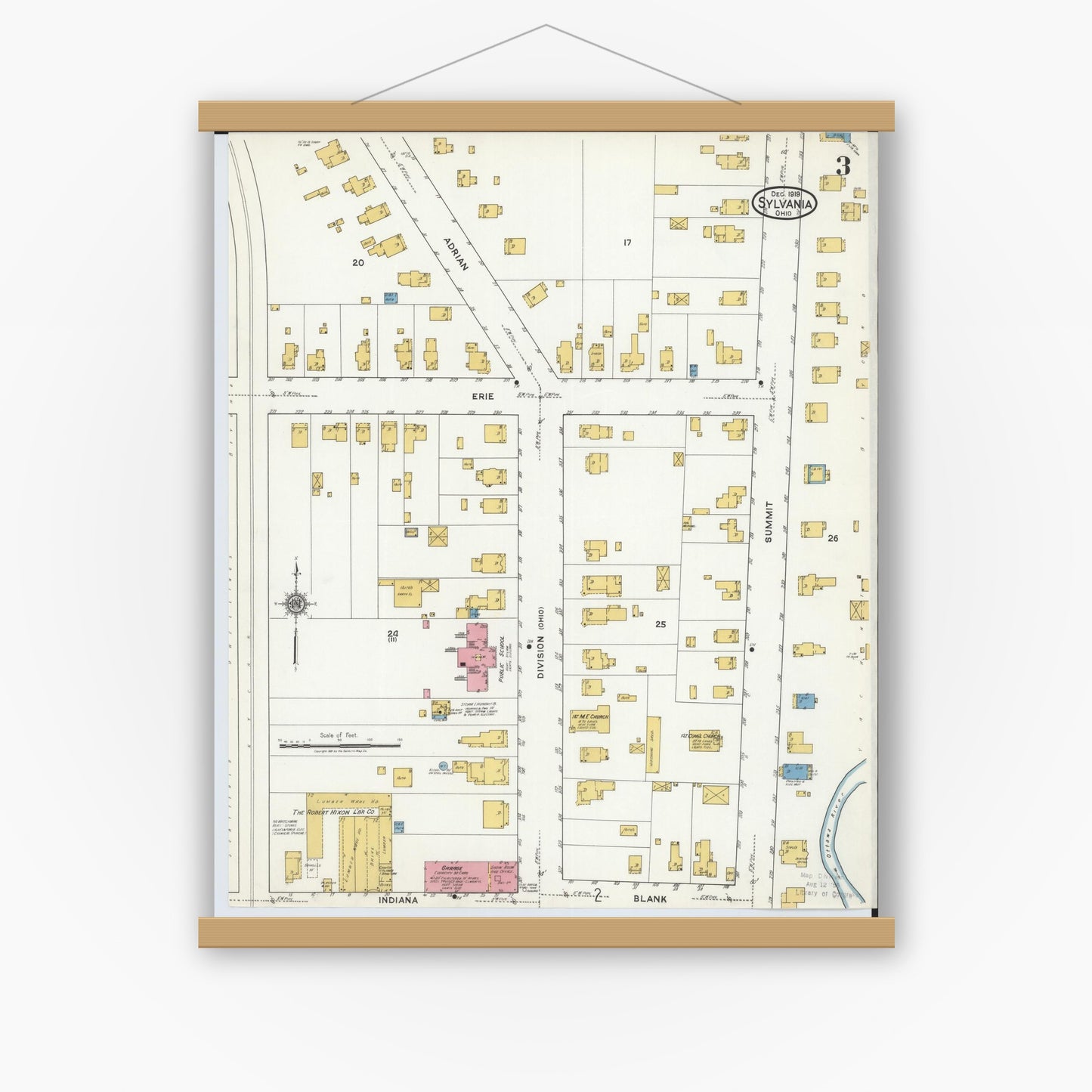 Old map wall art mockup — magnetic wood frame on white wall — Sanborn Fire Insurance Map from Sylvania, Lucas County, Ohio (1919), Sheet #0003