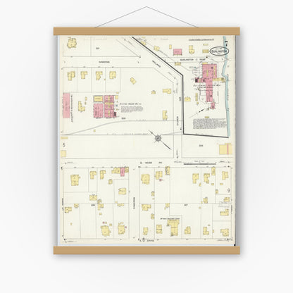 Old map wall art mockup — magnetic wood frame on white wall — Sanborn Fire Insurance Map from Burlington, Alamance County, North Carolina (1913), Sheet #0007