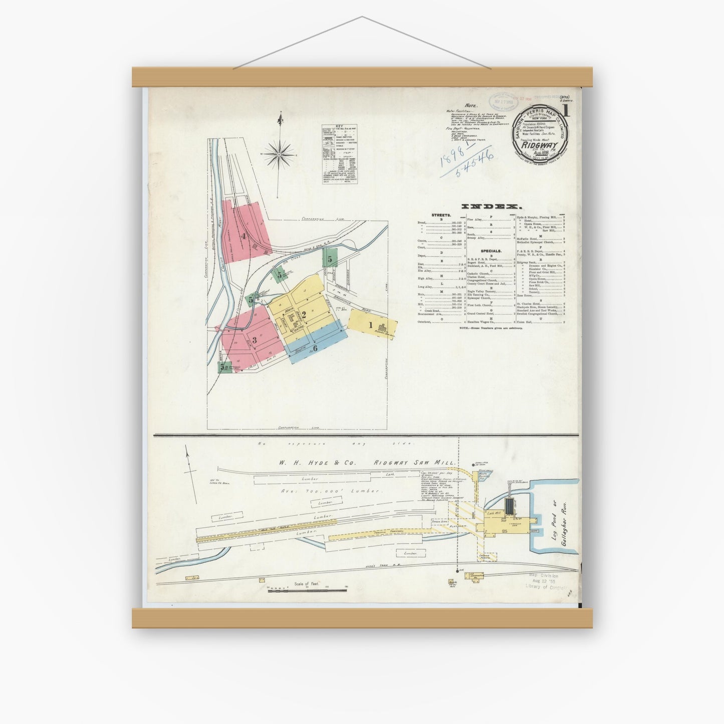Old map wall art mockup — magnetic wood frame on white wall — Sanborn Fire Insurance Map from Ridgway, Elk County, Pennsylvania (1898) - Complete Map Set