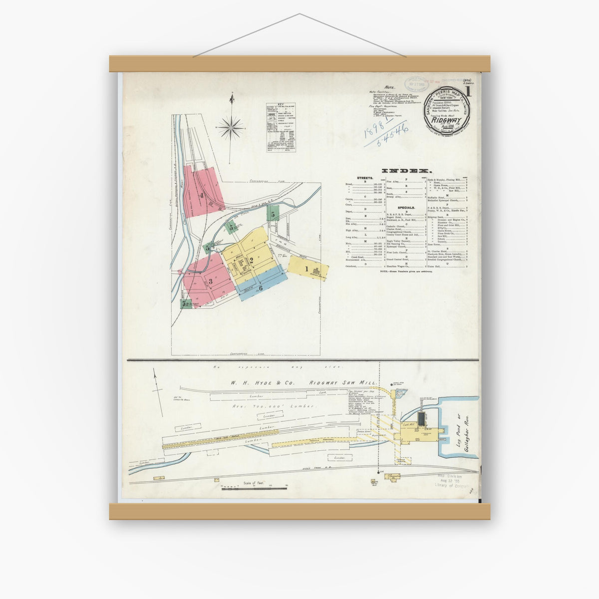 Old map wall art mockup — magnetic wood frame on white wall — Sanborn Fire Insurance Map from Ridgway, Elk County, Pennsylvania (1898) - Complete Map Set