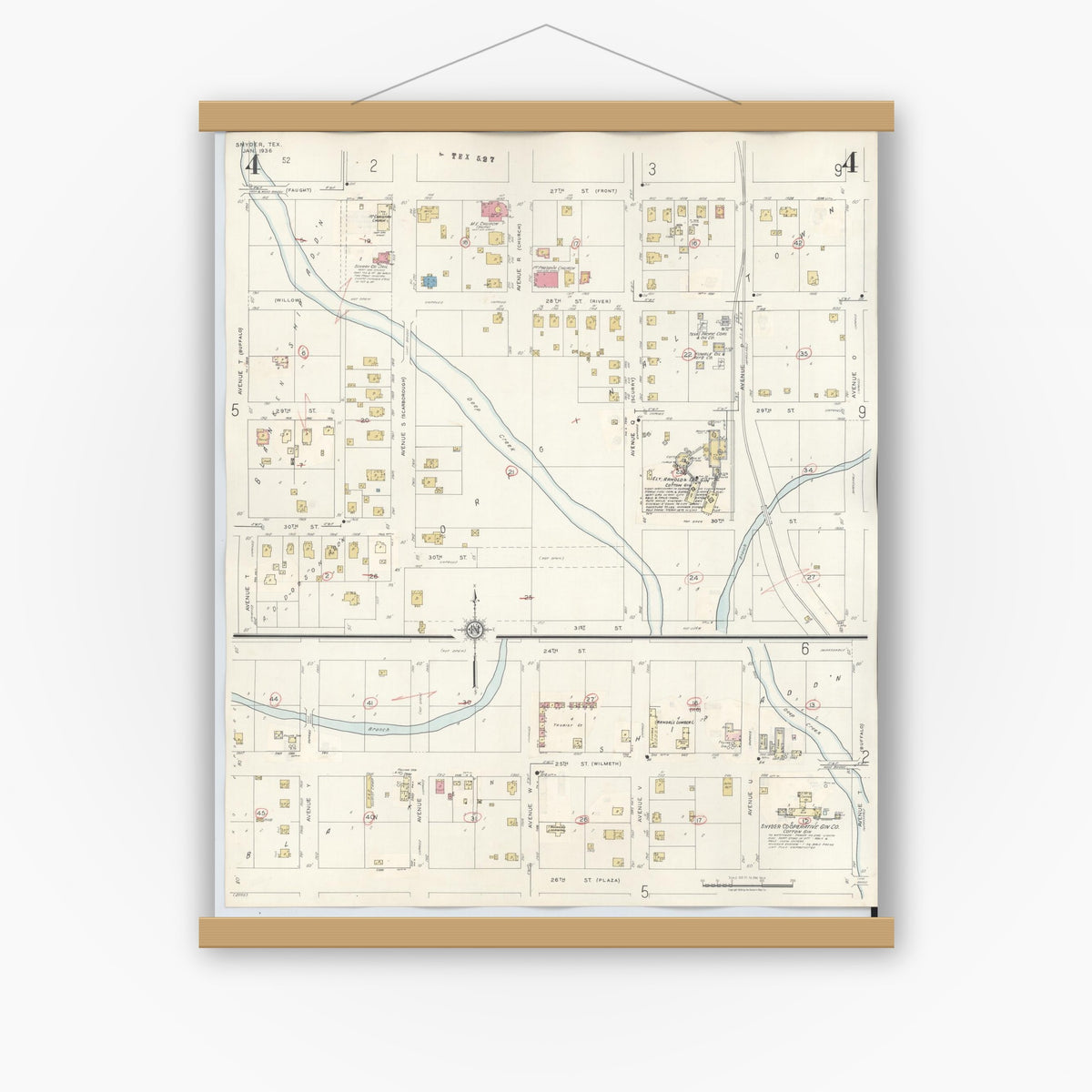 Old map wall art mockup — magnetic wood frame on white wall — Sanborn Fire Insurance Map from Snyder, Scurry County, Texas (1942), Sheet #0004