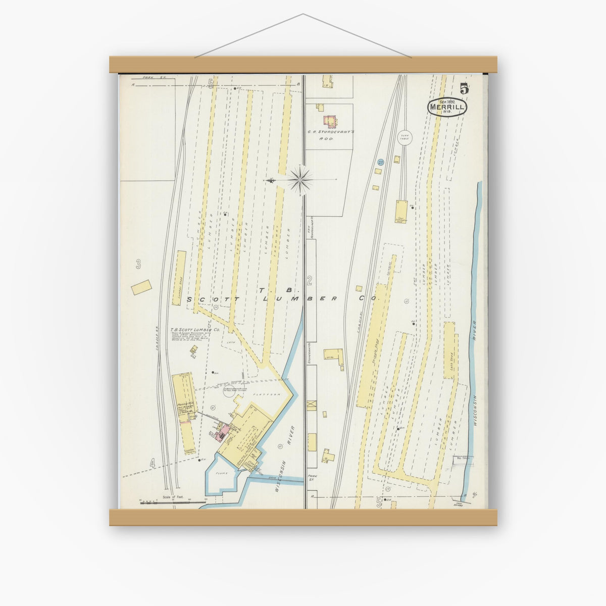 Old map wall art mockup — magnetic wood frame on white wall — Sanborn Fire Insurance Map from Merrill, Lincoln County, Wisconsin (1892), Sheet #0005