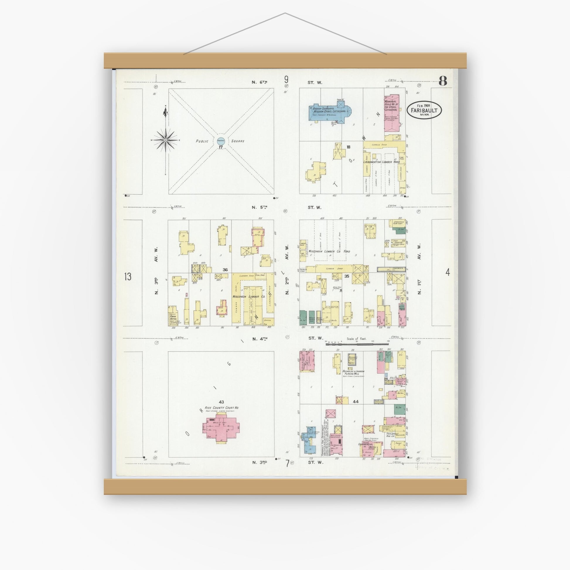 Old map wall art mockup — magnetic wood frame on white wall — Sanborn Fire Insurance Map from Faribault, Rice County, Minnesota (1909), Sheet #0008