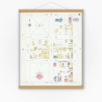 Old map wall art mockup — magnetic wood frame on white wall — Sanborn Fire Insurance Map from Faribault, Rice County, Minnesota (1909), Sheet #0008