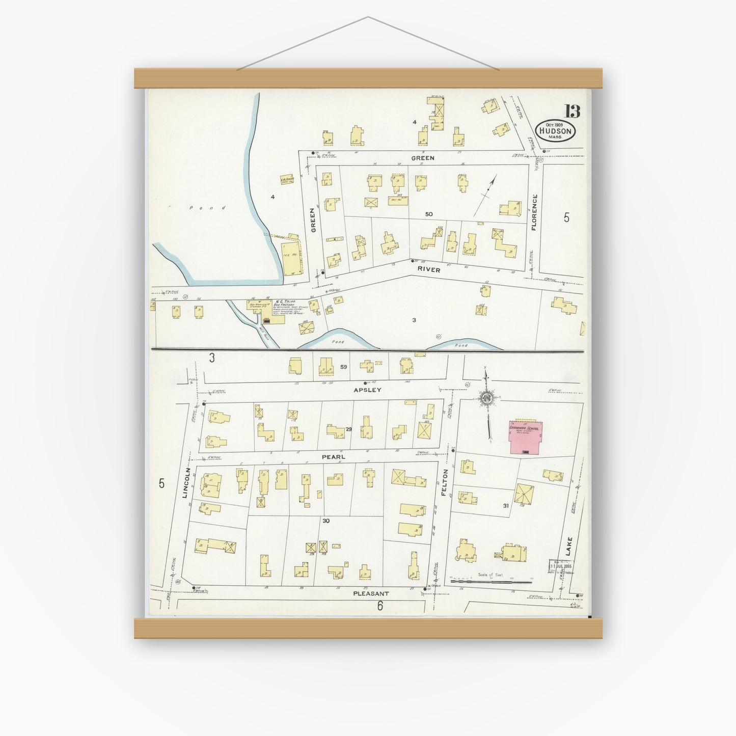 Old map wall art mockup — magnetic wood frame on white wall — Sanborn Fire Insurance Map from Hudson, Middlesex County, Massachusetts (1909), Sheet #0013