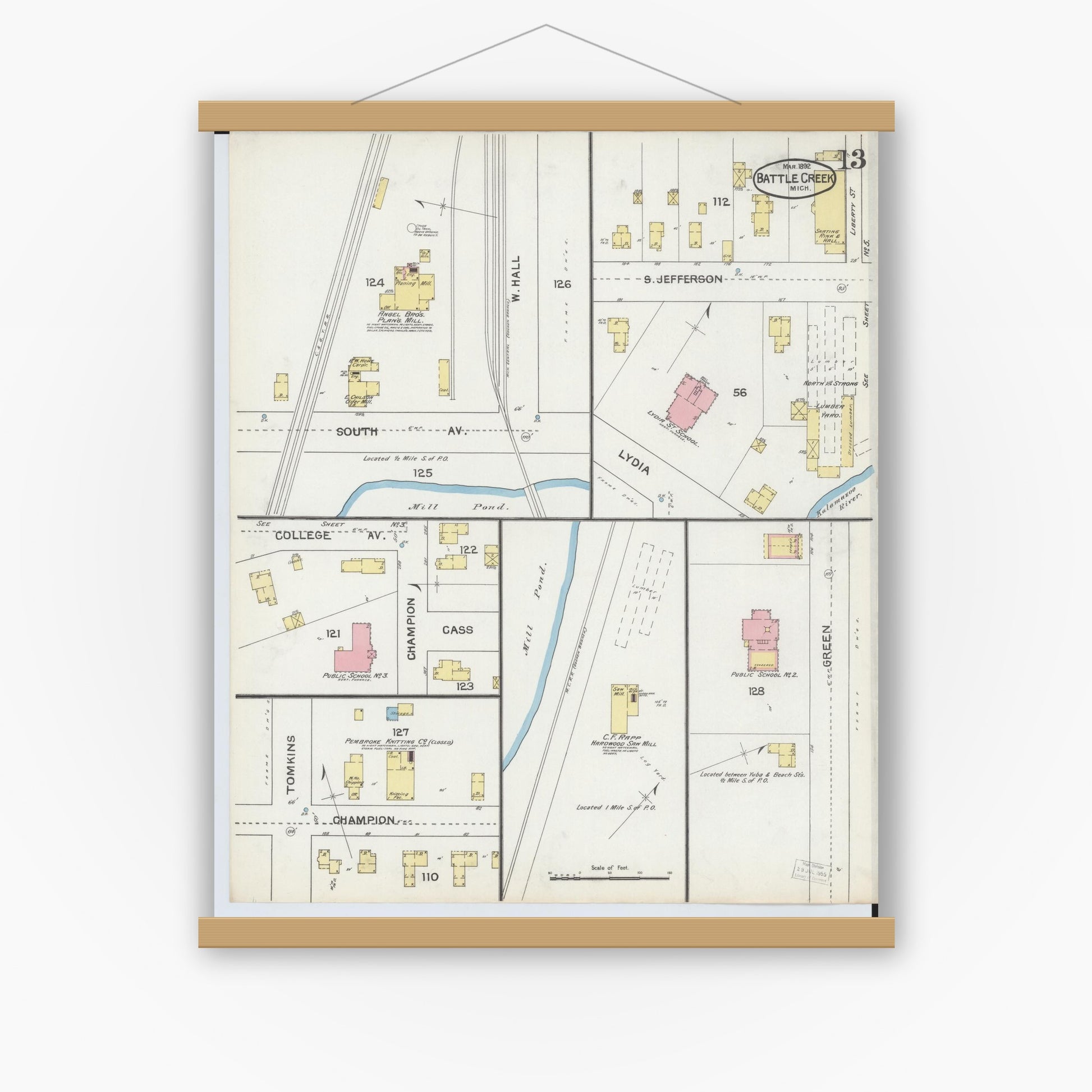 Old map wall art mockup — magnetic wood frame on white wall — Sanborn Fire Insurance Map from Battle Creek, Calhoun County, Michigan (1892), Sheet #0013