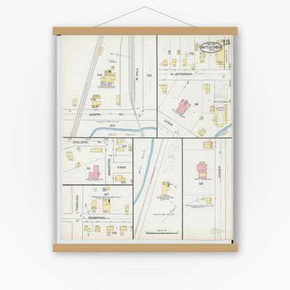 Old map wall art mockup — magnetic wood frame on white wall — Sanborn Fire Insurance Map from Battle Creek, Calhoun County, Michigan (1892), Sheet #0013