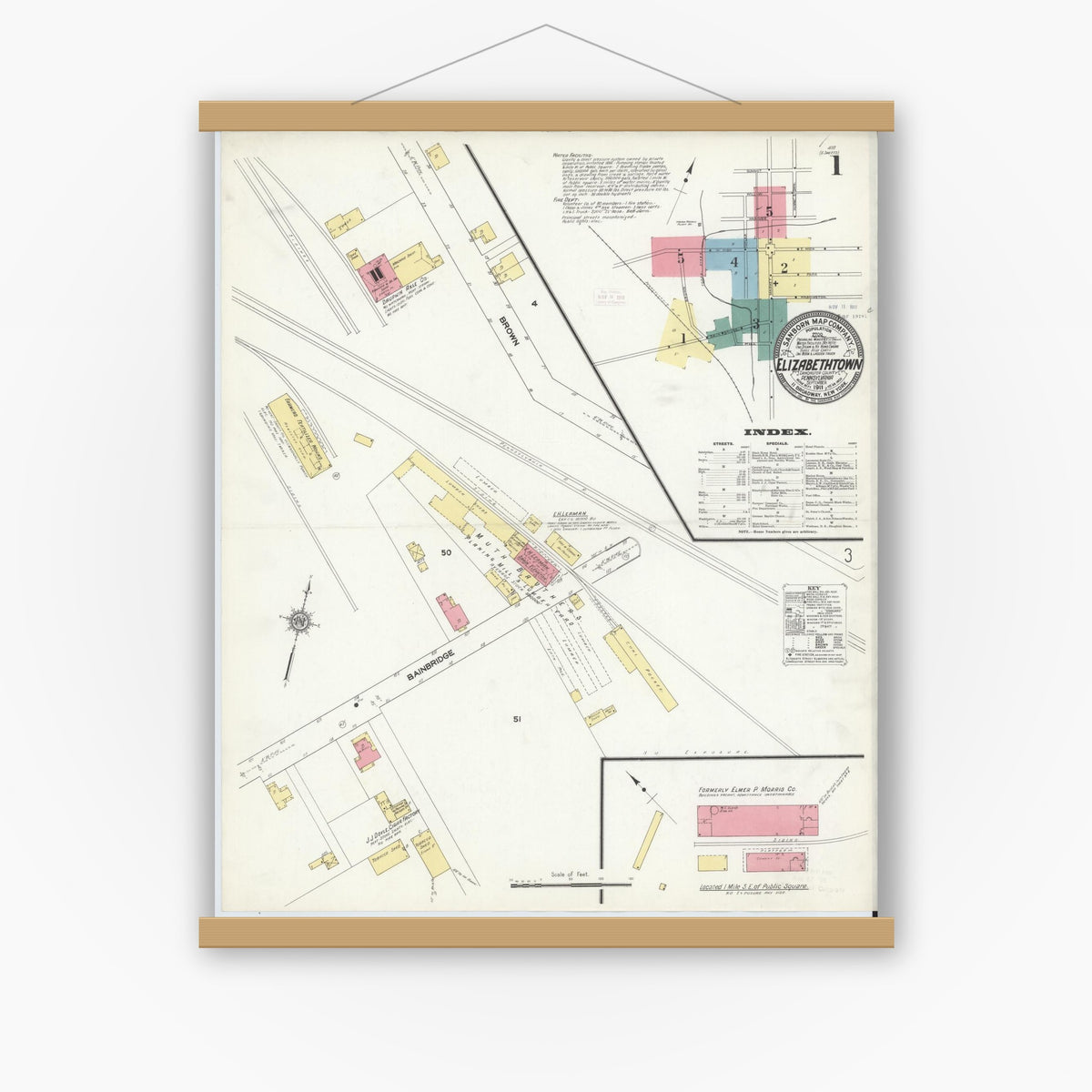 Old map wall art mockup — magnetic wood frame on white wall — Sanborn Fire Insurance Map from Elizabethtown, Lancaster County, Pennsylvania (1911) - Complete Map Set