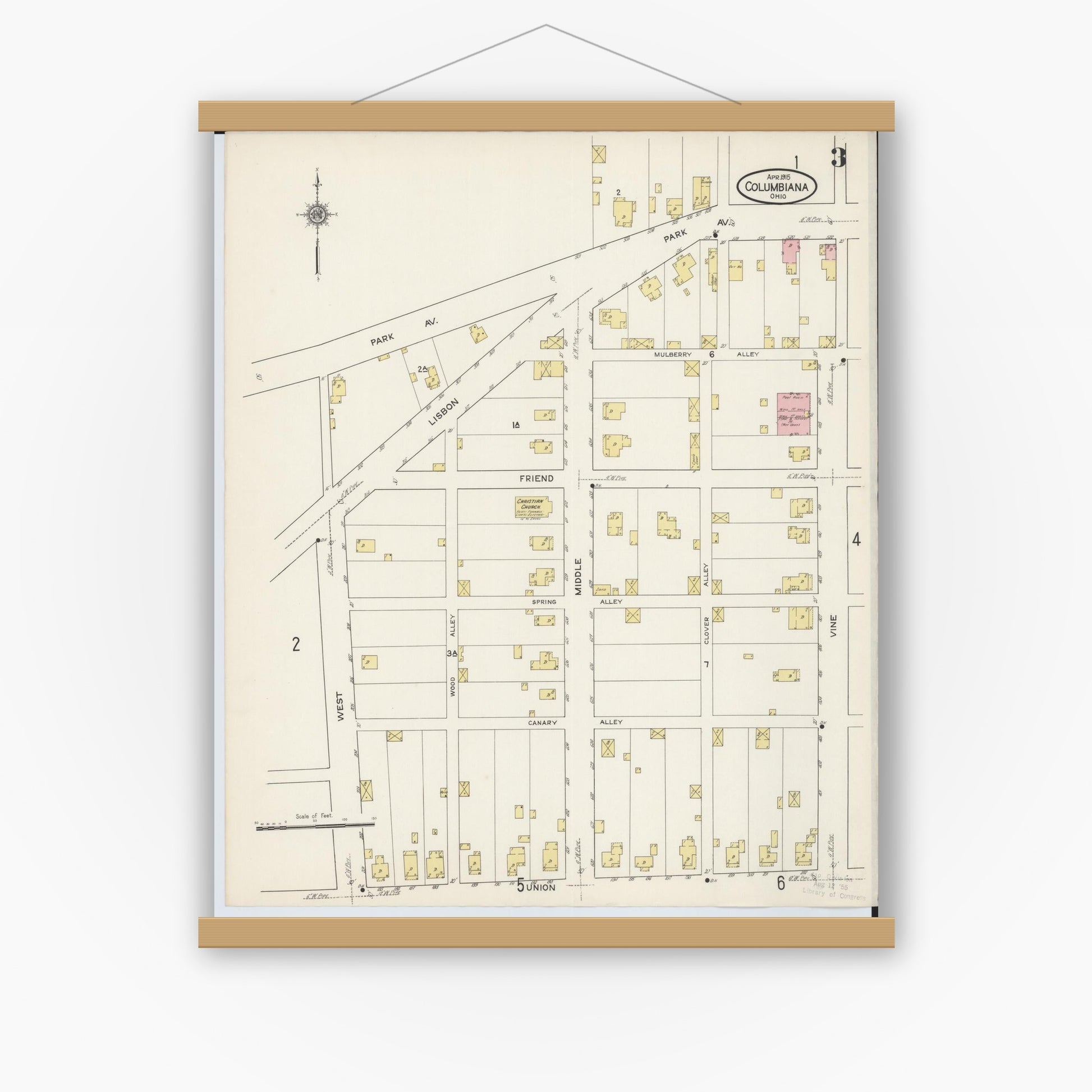Old map wall art mockup — magnetic wood frame on white wall — Sanborn Fire Insurance Map from Columbiana, Columbiana County, Ohio (1915), Sheet #0003