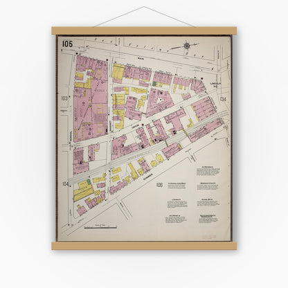 Old map wall art mockup — magnetic wood frame on white wall — Sanborn Fire Insurance Map from Worcester, Worcester County, Massachusetts (1910), Sheet #0105