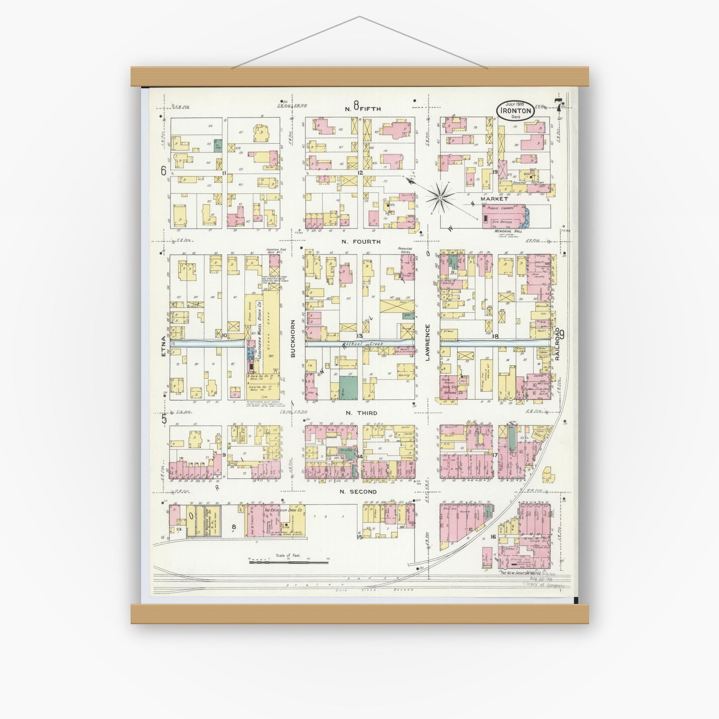 Old map wall art mockup — magnetic wood frame on white wall — Sanborn Fire Insurance Map from Ironton, Lawrence County, Ohio (1909), Sheet #0007