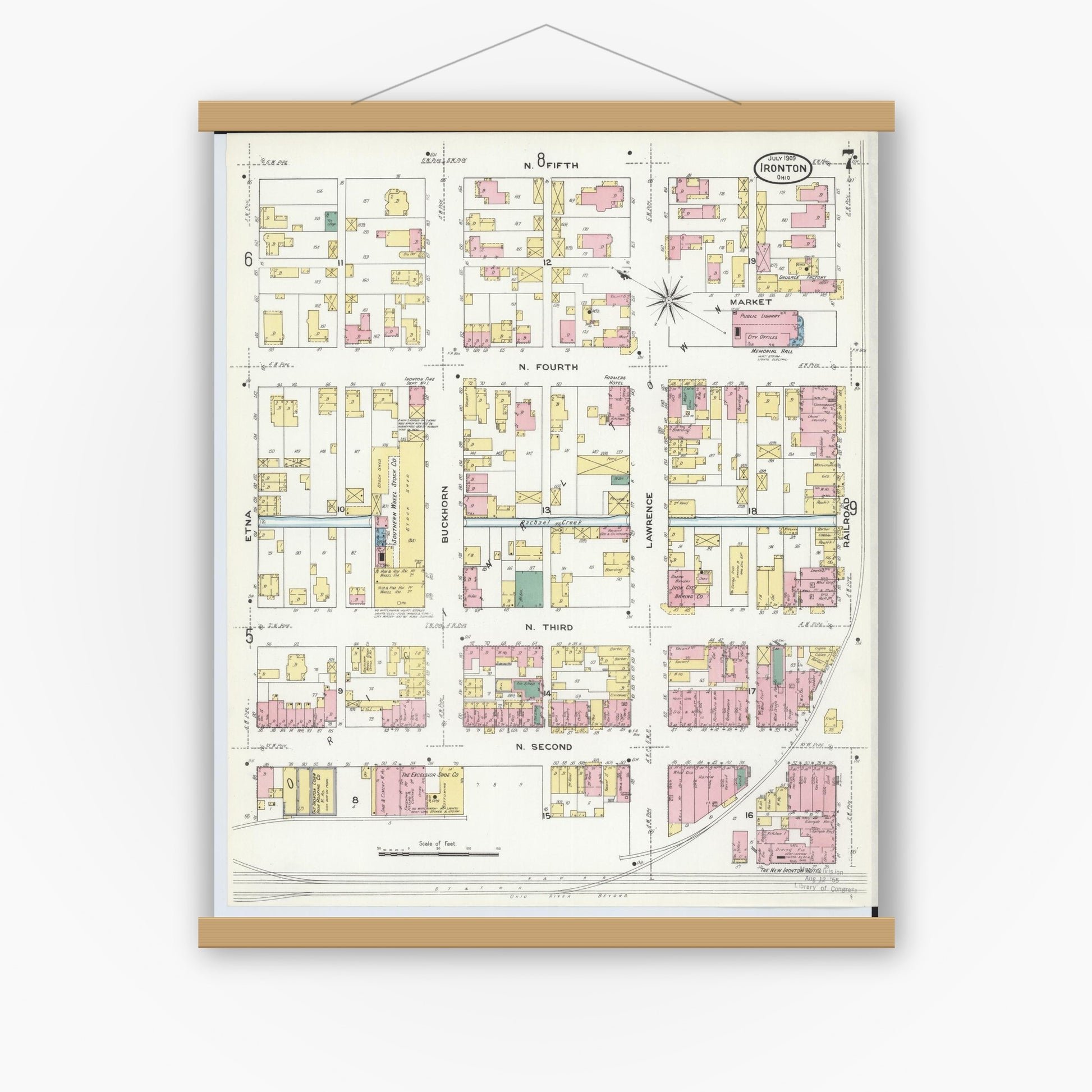 Old map wall art mockup — magnetic wood frame on white wall — Sanborn Fire Insurance Map from Ironton, Lawrence County, Ohio (1909), Sheet #0007
