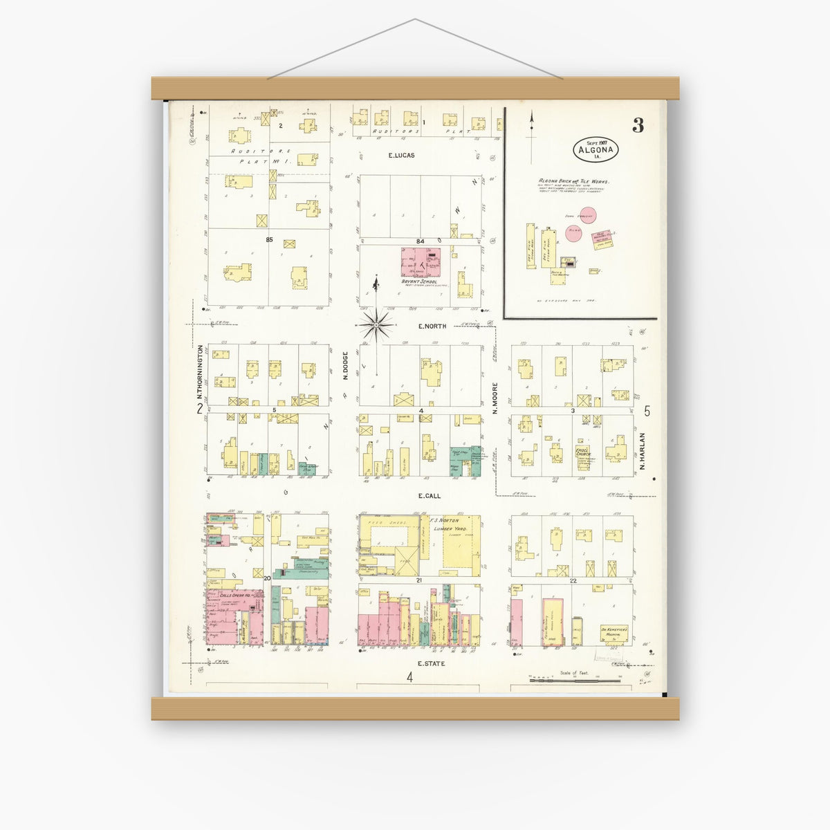 Old map wall art mockup — magnetic wood frame on white wall — Sanborn Fire Insurance Map from Algona, Kossuth County, Iowa (1907), Sheet #0003