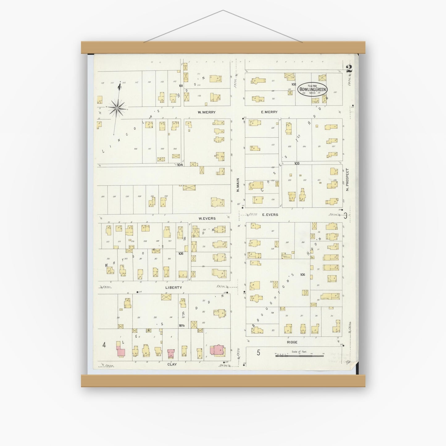 Old map wall art mockup — magnetic wood frame on white wall — Sanborn Fire Insurance Map from Bowling Green, Wood County, Ohio (1908), Sheet #0002