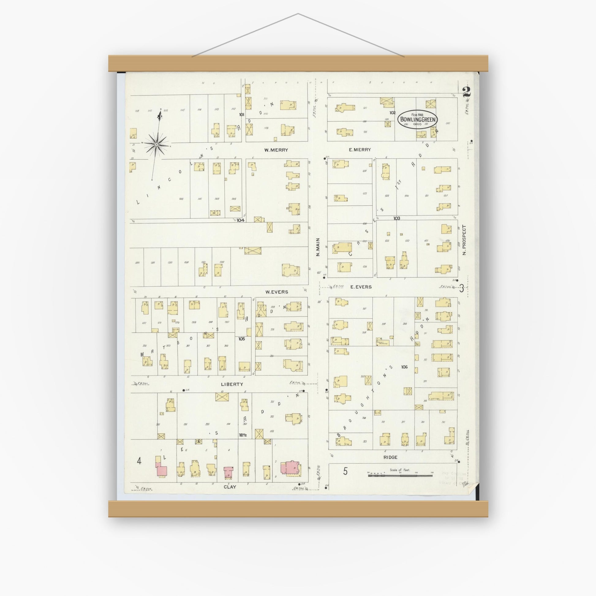 Old map wall art mockup — magnetic wood frame on white wall — Sanborn Fire Insurance Map from Bowling Green, Wood County, Ohio (1908), Sheet #0002