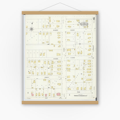 Old map wall art mockup — magnetic wood frame on white wall — Sanborn Fire Insurance Map from Bowling Green, Wood County, Ohio (1908), Sheet #0002