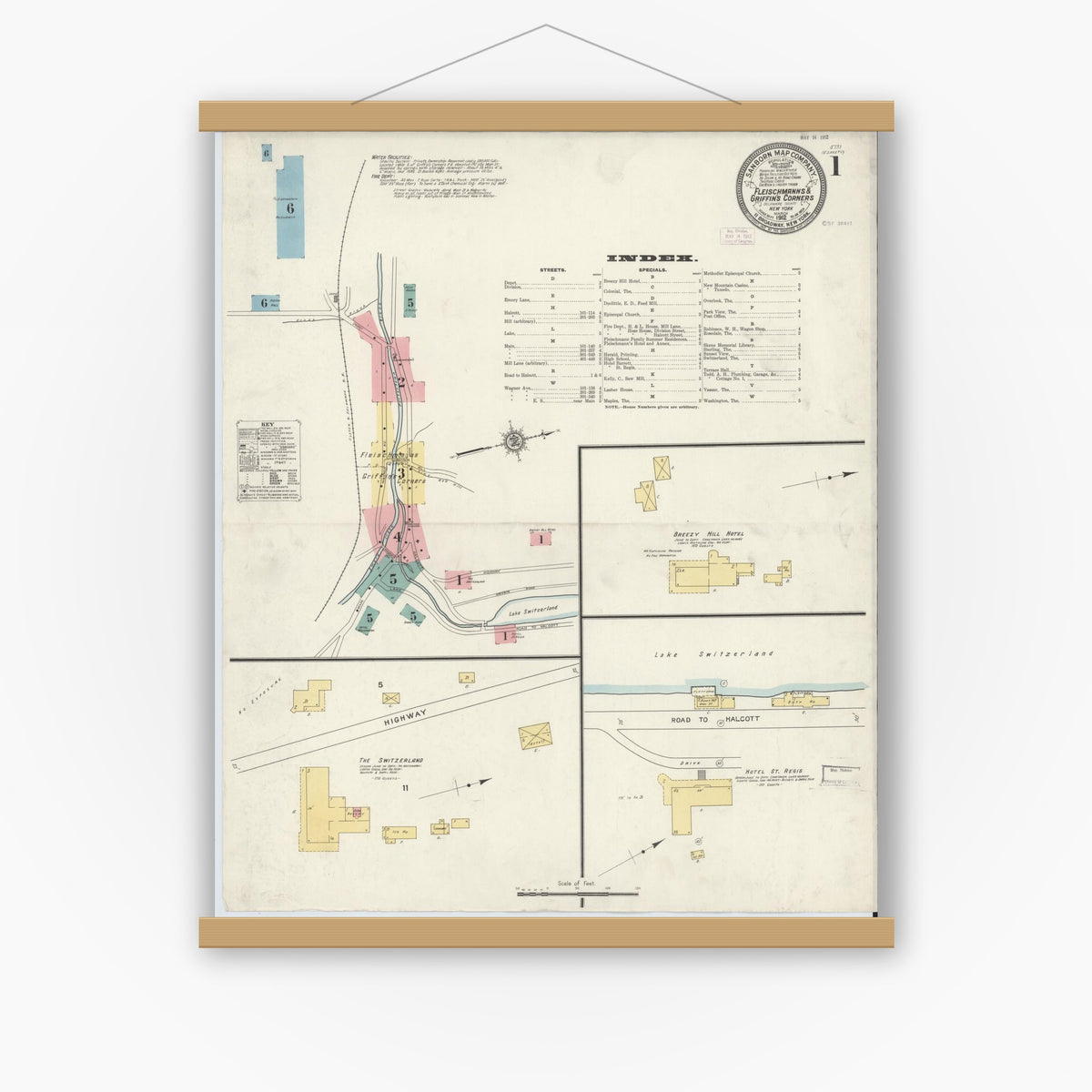 Old map wall art mockup — magnetic wood frame on white wall — Sanborn Fire Insurance Map from Fleischmanns, Delaware County, New York (1912) - Complete Map Set