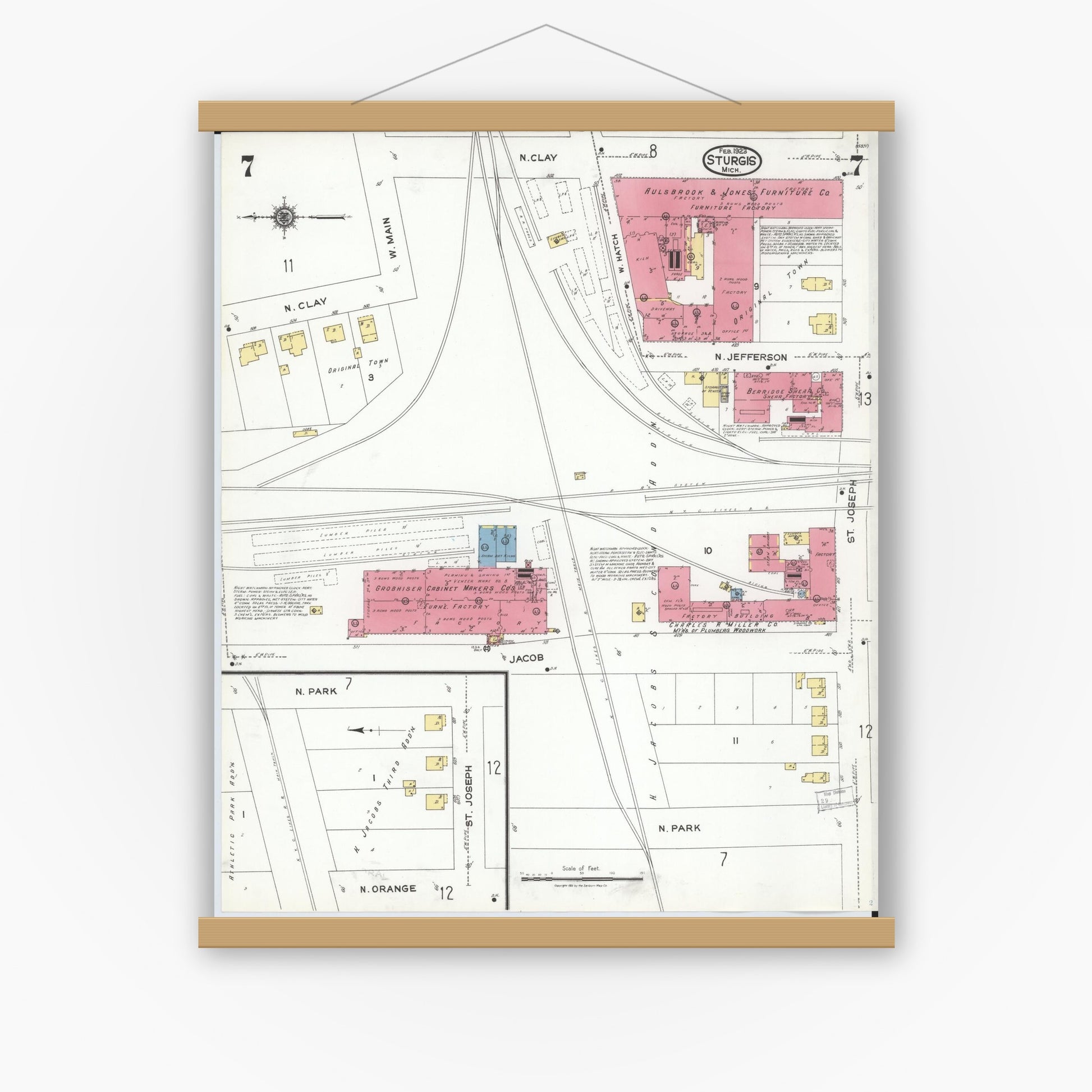 Old map wall art mockup — magnetic wood frame on white wall — Sanborn Fire Insurance Map from Sturgis, Saint Joseph County, Michigan (1923), Sheet #0007
