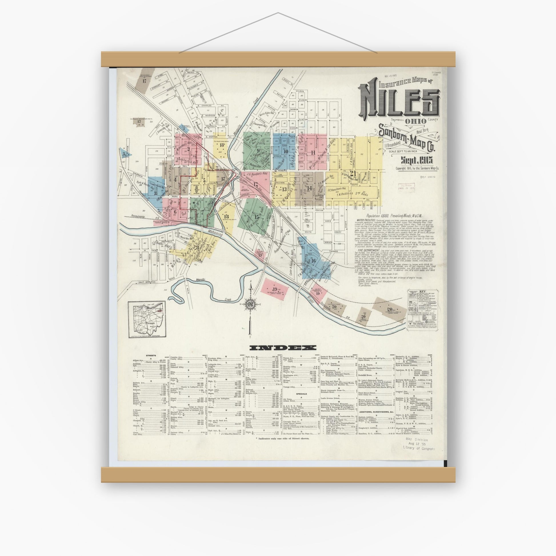 Old map wall art mockup — magnetic wood frame on white wall — Sanborn Fire Insurance Map from Niles, Trumbull County, Ohio (1915), Sheet #0001