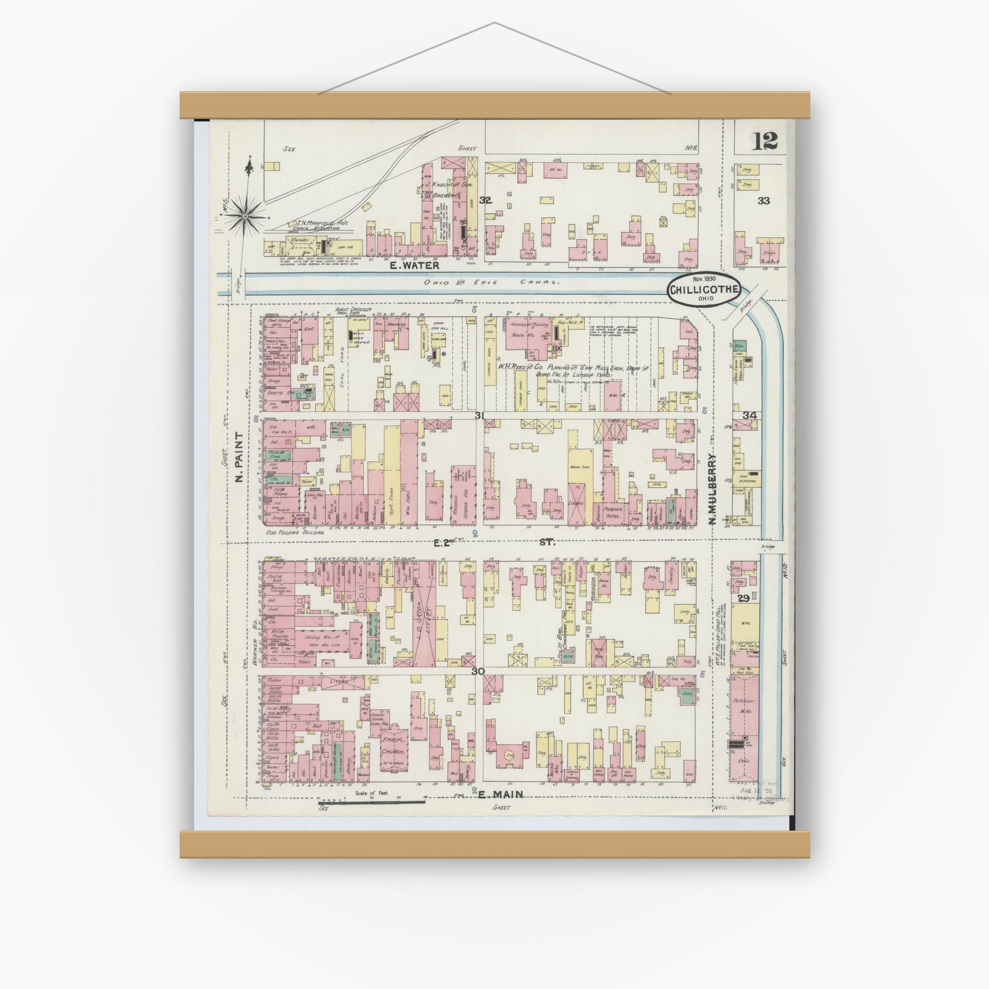 Old map wall art mockup — magnetic wood frame on white wall — Sanborn Fire Insurance Map from Chillicothe, Ross County, Ohio (1890), Sheet #0012
