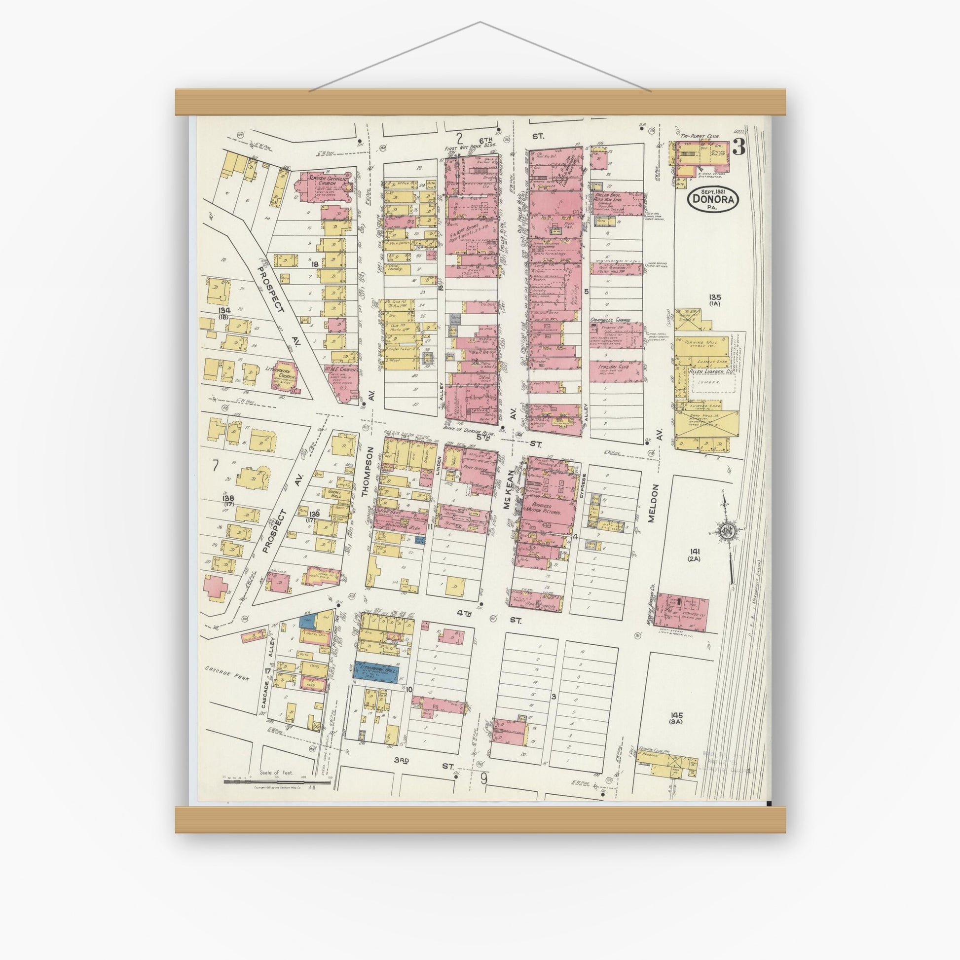 Old map wall art mockup — magnetic wood frame on white wall — Sanborn Fire Insurance Map from Donora, Washington County, Pennsylvania (1921), Sheet #0003