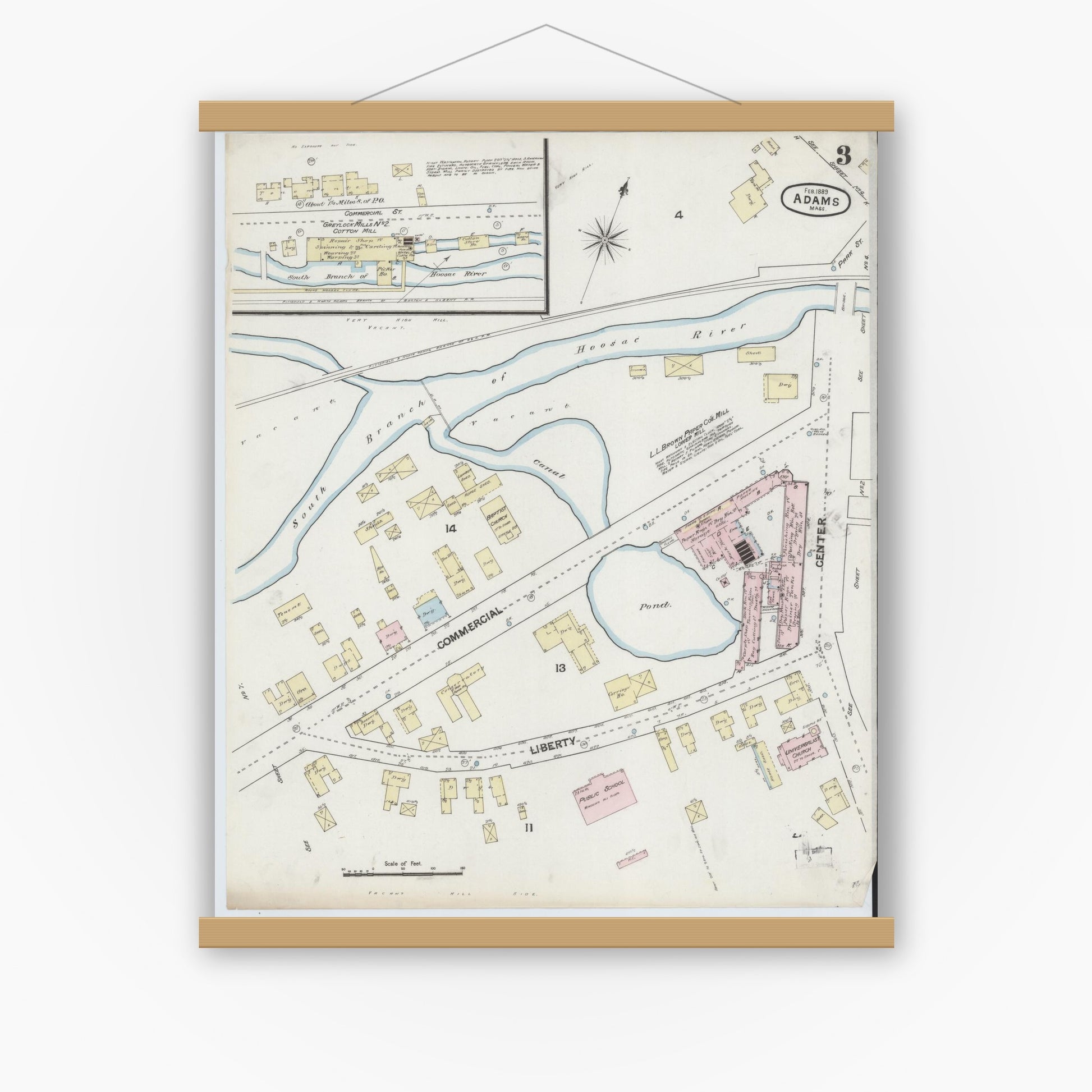 Old map wall art mockup — magnetic wood frame on white wall — Sanborn Fire Insurance Map from Adams, Berkshire County, Massachusetts (1889), Sheet #0003